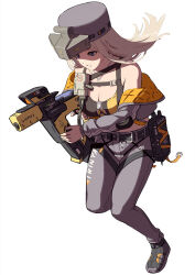 Rule 34 | 1girl, bare shoulders, belt, black shirt, blonde hair, blue eyes, breasts, brown jacket, centi (nikke), cleavage, crop top, goddess of victory: nikke, helmet, highres, holding, holding weapon, jacket, large breasts, long hair, orange jacket, pants, running, shirt, simple background, solo, trigger discipline, two-sided fabric, two-sided jacket, weapon, white background, yagi2013