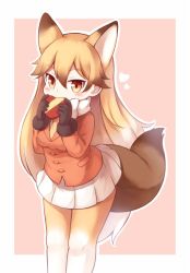 Rule 34 | 10s, 1girl, animal ears, black gloves, blazer, blonde hair, blush, bow, bowtie, box, buttons, chocolate, commentary, covering own mouth, extra ears, ezo red fox (kemono friends), fox ears, fox tail, fur-trimmed sleeves, fur trim, gift, gift box, gloves, heart, holding, jacket, kemono friends, leaning forward, long hair, long sleeves, matsuu (akiomoi), multicolored hair, orange eyes, orange jacket, orange pantyhose, outline, pantyhose, plaid, plaid skirt, pocket, red background, simple background, skirt, solo, standing, streaked hair, tail, white bow, white bowtie, white hair, white outline, white pantyhose, white skirt