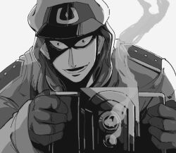 Rule 34 | 1boy, alternate costume, coat, commentary request, gloves, greyscale, gun, hat, ichijou seiya, inudori, kaiji, long hair, looking at viewer, lower teeth only, male focus, military uniform, monochrome, open mouth, peaked cap, shaded face, simple background, smile, smoke, smoking barrel, solo, teeth, uniform, upper body, weapon