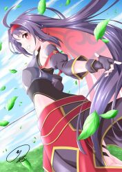 Rule 34 | 1girl, ahoge, armor, breastplate, detached sleeves, fairy (sao), falling leaves, fingerless gloves, from side, gloves, hairband, highres, holding, holding sword, holding weapon, leaf, long hair, looking at viewer, looking to the side, maximum7010, pointy ears, purple gloves, purple hair, red eyes, red hairband, smile, solo, sword, sword art online, teeth, very long hair, weapon, yuuki (sao)