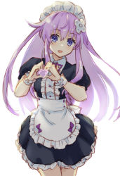 Rule 34 | apron, breasts, collar, cuffs, dress, hairband, happy, heart, highres, kow (kow0117), long hair, maid, mega miracle force, nepgear, nepnep connect: chaos chanpuru, neptune (series), open mouth, purple eyes, purple hair, ribbon, skirt, small breasts, thighs, uniform