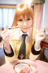Rule 34 | 1girl, asian, blazer, blue eyes, chippi, code geass, color contacts, cosplay, highres, indoors, jacket, long hair, looking at viewer, orange hair, photo (medium), school uniform, shirley fenette, shirley fenette (cosplay), sitting, solo, tea shop