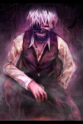 Rule 34 | 1boy, black pants, black sclera, black vest, blood, collared shirt, colored sclera, commentary request, eyepatch, highres, kaneki ken, long sleeves, looking at viewer, male focus, mask, pants, red eyes, shirt, sitting, solo, sukemyon, tokyo ghoul, vest, white hair, white shirt, wing collar
