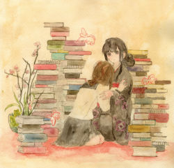 Rule 34 | 2girls, bad id, bad pixiv id, black hair, book, brown hair, fish, hand on another&#039;s head, japanese clothes, kimono, long hair, multiple girls, original, painting (medium), plant, potted plant, skirt, too many, too many books, traditional media, tugumi0w0, watercolor (medium), yuri