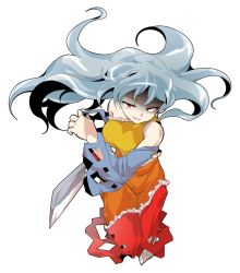 Rule 34 | 1girl, alphes (style), bare shoulders, barefoot, breasts, dairi, detached sleeves, diamond (shape), dress, floating hair, frilled dress, frills, full body, grey hair, hair between eyes, hashitsuki nata, hatchet, holding, long hair, long sleeves, looking at viewer, medium breasts, multicolored clothes, multicolored dress, nata (tool), open mouth, orange dress, parody, rape face, red dress, red eyes, red ribbon, ribbon, sakata nemuno, shaded face, single strap, smile, solo, style parody, touhou, transparent background, tsurime, wide sleeves, yellow dress