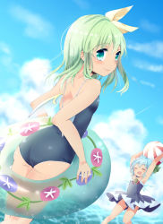 Rule 34 | 2girls, armpits, arms up, ass, ball, bare arms, bare shoulders, beachball, blue dress, blue hair, blue sky, cirno, closed eyes, cloud, commentary request, competition school swimsuit, contrail, daiyousei, day, dress, green eyes, green hair, hair ribbon, highres, holding, holding ball, innertube, kuromame (8gou), looking at viewer, multiple girls, one-piece swimsuit, outdoors, ribbon, school swimsuit, short dress, sky, smile, summer, swim ring, swimsuit, tan, tanned cirno, touhou, wading, water, yellow ribbon