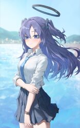 Rule 34 | 1girl, absurdres, black skirt, blue archive, blue necktie, blurry, blurry background, blush, breasts, halo, highres, looking at viewer, medium breasts, necktie, outdoors, pleated skirt, purple eyes, purple hair, shirt, skirt, smile, solo, tai saka, two side up, watch, white shirt, wristwatch, yuuka (blue archive)
