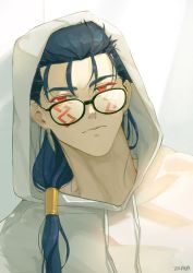 Rule 34 | 1boy, absurdres, bespectacled, blue hair, closed mouth, contemporary, cu chulainn (fate), cu chulainn alter (fate), dark blue hair, dark persona, earrings, expressionless, facepaint, fate/grand order, fate (series), glasses, highres, hood, hood up, hoodie, jewelry, long hair, looking at viewer, male focus, ponytail, red eyes, slit pupils, solo, white hoodie, zzada