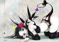 Rule 34 | 1girl, all fours, bare shoulders, black hair, black thighhighs, blue eyes, blush, board game, body blush, bridal gauntlets, bug, butterfly, chain, demon girl, demon tail, dice, elbow gloves, eyeshadow, flower, funakura, gloves, hair flower, hair ornament, heart, horns, insect, long hair, looking at viewer, mahjong, makeup, original, pale skin, pointy ears, silk, solo, spider, spider web, tail, thighhighs, thighs, top-down bottom-up, wings