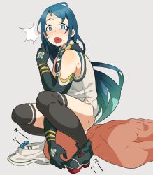 Rule 34 | 10s, 1boy, 1girl, bad id, bad twitter id, bare shoulders, blue eyes, blue hair, caught, clothed female nude male, elbow gloves, emu (eomou), faceless, faceless male, gloves, kantai collection, long hair, nude, samidare (kancolle), sitting, sitting on face, sitting on person, skirt, unworn skirt, solo focus, squatting, sweat, tears