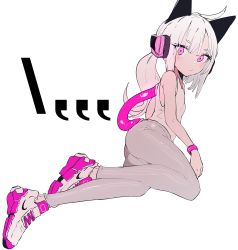 Rule 34 | 1girl, ahoge, bare shoulders, blush, breasts, closed mouth, commentary, copyright request, ddari, from side, full body, grey hair, headphones, highres, looking at viewer, looking to the side, nike (company), pants, pink eyes, pink footwear, ponytail, shirt, simple background, sleeveless, sleeveless shirt, small breasts, solo, tight clothes, tight pants, white background, wristband
