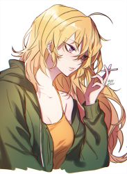 Rule 34 | 1girl, ahoge, blonde hair, breasts, cardigan, cleavage, collarbone, cropped torso, dated, ecru, green cardigan, hair between eyes, holding, long hair, medium breasts, open cardigan, open clothes, parted lips, purple eyes, rwby, shirt, signature, simple background, sleeveless, sleeveless shirt, solo, upper body, white background, yang xiao long, yellow shirt