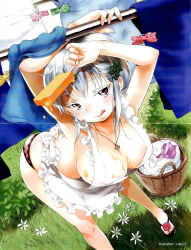 Rule 34 | 1girl, apron, basket, blush, breasts, cleavage, clothesline, collar, copyright request, female focus, flower, food, hair ornament, highres, ice cream, inuburo, large breasts, looking at viewer, nature, no bra, outdoors, panties, plant, red eyes, sandals, solo, standing, tongue, towel, underwear, white hair