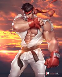 Rule 34 | 1boy, abs, bara, bare shoulders, belt, black belt, black hair, boxing gloves, feet out of frame, headband, large pectorals, male focus, muscular, nipples, open clothes, patreon username, pectorals, ryu (street fighter), short hair, silverjow, sleeveless, solo, standing, street fighter, sunset, thick eyebrows, thick thighs, thighs, torn clothes, veins, watermark, web address