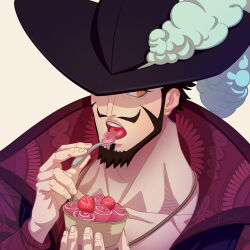 Rule 34 | 1boy, black headwear, dracule mihawk, eating, facial hair, food, fruit, goatee, hat feather, high collar, holding, holding food, holding ice cream, holding spoon, ice cream, ice cream spoon, looking at viewer, male focus, msvekla, mustache, one piece, open mouth, patterned clothing, portrait, sideburns, spoon, strawberry, teeth, tongue, yellow eyes