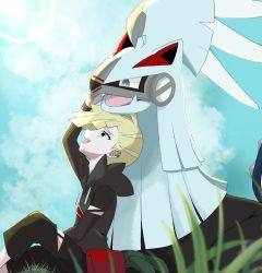 Rule 34 | 1boy, black pants, blonde hair, commentary request, creatures (company), day, ear piercing, ebmquarwi, game freak, gen 7 pokemon, gladion (pokemon), grass, green eyes, highres, legendary pokemon, long sleeves, looking up, nintendo, open mouth, outdoors, pants, piercing, pokemon, pokemon (creature), pokemon sm, silvally, sitting, teeth, torn clothes, torn pants