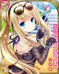 Rule 34 | 4girls, black dress, blonde hair, blue eyes, card, character name, chloe lemaire, closed mouth, day, dress, elbow gloves, girlfriend (kari), gloves, gun, gun holster, headset, long hair, looking back, multiple girls, official art, outdoors, qp:flapper, sitting, smile, sunglasses on head, tagme, weapon