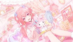 Rule 34 | 1girl, :d, bow, choker, clock, colorful palette, curtains, dress, earrings, flower, food, frills, hair bow, heart, indoors, jewelry, long hair, looking at viewer, momoi airi, official art, open mouth, pillow, pink eyes, pink flower, pink hair, pink rose, project sekai, rose, sitting, smile, solo, stuffed animal, stuffed rabbit, stuffed toy, two side up