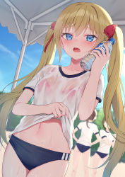 Rule 34 | 3girls, alexmaster, black buruma, blonde hair, blue buruma, blue eyes, bottle, bow, bra, bra visible through clothes, bralines, breasts, buruma, commentary request, cowboy shot, fang, frown, gym uniform, hair bow, holding, long hair, looking at viewer, moe2022, multiple girls, navel, nervous sweating, open mouth, original, pink bra, see-through, see-through shirt, shirt, short sleeves, small breasts, solo focus, stomach, sweat, twintails, underwear, very long hair, very sweaty, water bottle, wet, wet clothes, wet shirt, white shirt