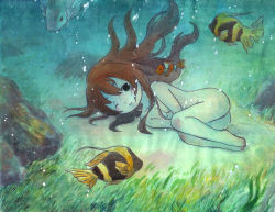 Rule 34 | 1girl, air bubble, barefoot, breath, brown hair, bubble, covering privates, covering crotch, curled up, fish, grass, holding breath, image sample, long hair, nude, one eye closed, original, seaweed, solo, underwater, water