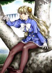 Rule 34 | 1girl, blonde hair, bow, bowtie, breasts, brown pantyhose, capcom fighting jam, commentary, commission, feet, frown, gloves, hairpods, ingrid (capcom), kogawa masayoshi, legs, lips, long hair, medium breasts, pantyhose, red eyes, sitting, skirt, solo, tree, white bow, white bowtie, white gloves
