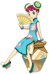Rule 34 | absurdres, arm support, capcom, china dress, chinese clothes, dress, flat chest, hand fan, highres, mega man (series), misora, short hair, simple background, sitting, vector trace, white background