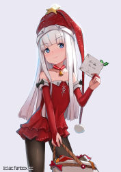 Rule 34 | &gt;:), 1girl, bare shoulders, black pantyhose, blue eyes, blue hair, blush, box, christmas, closed mouth, collarbone, commentary request, dress, elbow gloves, gift, gift box, gloves, grey background, hat, highres, holding, holding sack, layered dress, leaning forward, liclac, long hair, looking at viewer, multicolored hair, original, pantyhose, partially fingerless gloves, pleated dress, red gloves, red hat, sack, santa costume, santa hat, silver hair, simple background, smile, solo, standing, strapless, strapless dress, streaked hair, v-shaped eyebrows, very long hair, watermark, web address