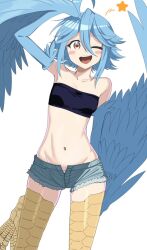 Rule 34 | 1girl, ahoge, arutimettomugi, bare shoulders, bird legs, black tube top, blue feathers, blue hair, blue wings, blush, breasts, commentary request, denim, denim shorts, feathered wings, feathers, hair between eyes, harpy, midriff, monster girl, monster musume no iru nichijou, navel, one eye closed, open fly, open mouth, panties, panty peek, papi (monster musume), scales, short hair, short shorts, shorts, sidelocks, simple background, small breasts, solo, star (symbol), strapless, teeth, tube top, underwear, upper teeth only, white background, winged arms, wings, yellow eyes