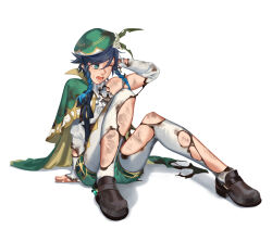 Rule 34 | 1boy, aqua eyes, beret, black hair, blue hair, braid, brown footwear, cape, collared cape, full body, genshin impact, gradient hair, green cape, green hat, green shorts, hat, highres, injury, loafers, male focus, multicolored hair, one eye closed, open mouth, pantyhose, shoes, short hair with long locks, shorts, sitting, solo, syruubi, torn clothes, torn pantyhose, twin braids, venti (genshin impact), white pantyhose