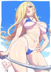 Rule 34 | 1boy, 1girl, abs, absurdres, alex louis armstrong, bikini, blonde hair, blue eyes, blue eyeshadow, breasts, eyeshadow, fingernails, fullmetal alchemist, gluteal fold, hair over one eye, highres, jewelry, kajin (kajinman), large breasts, lips, long fingernails, long hair, looking at viewer, makeup, mole, muscular, muscular female, muscular male, nail polish, olivier mira armstrong, parted lips, skindentation, standing, swimsuit, sword, thick lips, veins, veiny breasts, weapon, wet