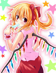 Rule 34 | 1girl, alternate costume, bare arms, bare shoulders, blonde hair, blush, bow, breasts, flandre scarlet, food, from behind, hair bow, hair ribbon, ichimi, long hair, looking at viewer, looking back, pink eyes, popsicle, red eyes, ribbon, shirt, side ponytail, sideboob, skirt, sleeveless, sleeveless shirt, small breasts, solo, star (symbol), touhou, wings, wrist cuffs
