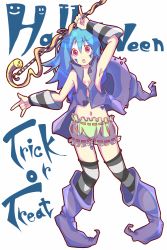 Rule 34 | 1girl, blue hair, detached sleeves, facial mark, halloween, hat, long hair, pointy footwear, red eyes, shoes, snake, solo, staff, striped clothes, striped thighhighs, tattoo, thighhighs, trick or treat, tsukusun, white background, witch hat