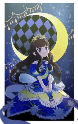 Rule 34 | 1girl, blue background, blue dress, blue eyes, brown hair, closed mouth, commentary request, crescent moon, dress, edamame (buruburu), fang, highres, jewelry, kurosu aroma, long hair, looking at viewer, moon, necklace, pretty series, print dress, pripara, puffy short sleeves, puffy sleeves, short sleeves, smile, solo, tiara, v arms, wrist cuffs