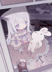 Rule 34 | 1girl, animal ears, blood, blood on ground, cat ears, cat girl, collared shirt, dress, frilled dress, frills, from outside, heart (organ), highres, holding, holding needle, holding stuffed toy, indie virtual youtuber, indoors, jar, knife, knife in head, long hair, long sleeves, mashiro sekai, neck ribbon, needle, object through head, on floor, open window, outo eguchi, pinafore dress, pink dress, pink shirt, purple eyes, purple ribbon, ribbon, second-party source, sewing, shirt, sitting, sleeveless dress, sleeves past wrists, solo, stuffed animal, stuffed rabbit, stuffed toy, very long hair, virtual youtuber, wariza, white hair, window, wooden floor