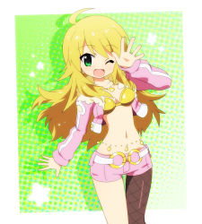Rule 34 | 1girl, ahoge, asymmetrical clothes, blonde hair, bra, breasts, cleavage, cropped jacket, fishnet pantyhose, fishnets, green eyes, hahifuhe, hoshii miki, idolmaster, idolmaster (classic), long hair, navel, one eye closed, open mouth, pantyhose, shorts, single leg pantyhose, small breasts, solo, thigh gap, underwear, wink