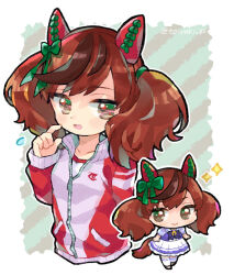 Rule 34 | 1girl, bow, brown eyes, brown hair, chibi, closed mouth, collarbone, doradorakingyo, flying sweatdrops, green bow, hair bow, horse girl, horse tail, jacket, nice nature (umamusume), open mouth, pointing, pointing at self, puffy short sleeves, puffy sleeves, red jacket, shirt, short sleeves, skirt, smile, socks, tail, track jacket, twintails, twitter username, umamusume, white shirt, white skirt, white socks