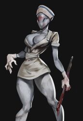 Rule 34 | 1girl, bare legs, black background, blood, bloody weapon, breasts, bubble head nurse, cleavage, faceless, faceless female, floor, full body, gloves, hat, highres, holding, holding weapon, john fox, large breasts, monster girl, no bra, no eyes, nurse (silent hill), nurse cap, shaded face, silent hill, silent hill (series), silent hill 2, skirt, solo, standing, upper body, veins, weapon, wide hips
