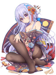 1girl bare_shoulders black_pantyhose blue_hair breasts brown_pantyhose feet flower hair_flower hair_ornament hair_ribbon highres japanese_clothes kimono long_hair looking_at_viewer medium_breasts no_shoes original pantyhose purple_eyes ribbon shenhai_(2556146833)