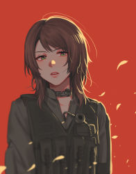 Rule 34 | 1girl, blurry, brown hair, bulletproof vest, choker, expressionless, falling leaves, green eyes, leaf, long sleeves, medium hair, messy hair, metal gear (series), metal gear solid v: the phantom pain, noriuma, official alternate costume, parted lips, petals, quiet (metal gear), red background, sidelighting, sideways glance, solo, tactical clothes, tagme, upper body, vest