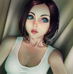 Rule 34 | 1girl, bare shoulders, blue eyes, body freckles, breasts, brown hair, cleavage, curtains, dutch angle, face, freckles, highres, indoors, lips, lipstick, long hair, looking at viewer, makeup, medium breasts, mole, nikichen, parted lips, polka dot, solo, tank top