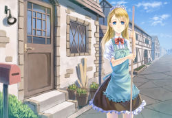 Rule 34 | 1girl, apron, bad id, bad pixiv id, blue eyes, broom, cloud, day, flower pot, house, looking at viewer, mailbox, original, outdoors, parsley-f, pavement, ribbon, road, skirt, sky, solo, stairs, street, vanishing point