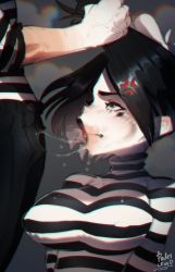 Rule 34 | 1boy, 1girl, anger vein, artist name, black hair, blouse, borrowed character, breasts, cheek bulge, fellatio, from side, grabbing another&#039;s hair, highres, invisible penis, makeup, mime, oral, original, pokilewd, shirt, shirt tucked in, striped clothes, striped shirt, taut clothes, taut shirt