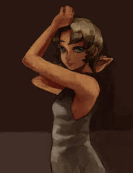 Rule 34 | 1girl, armpits, arms up, brown background, brown hair, green eyes, ilia, looking at viewer, nintendo, short hair, smile, solo, the legend of zelda, the legend of zelda: twilight princess, yo mo