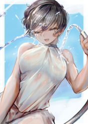 Rule 34 | 1girl, ;d, absurdres, bare shoulders, black hair, breasts, covered erect nipples, grey eyes, highres, hose, medium breasts, one eye closed, open mouth, original, see-through, short hair, sleeveless, smile, soleil (soleilmtfbwy03), solo, water, wet, wet clothes