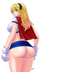 Rule 34 | 1girl, artist request, ass, blonde hair, blue eyes, blush, breasts, capelet, dc comics, female focus, from behind, gloves, hairband, hand on ass, highres, huge ass, large breasts, long hair, looking back, miniskirt, panties, pantyshot, parted lips, shiny skin, sideboob, simple background, skirt, smile, solo, supergirl, thong, underwear