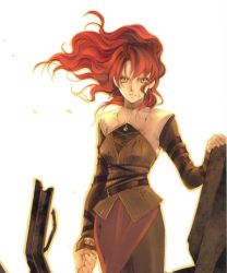 Rule 34 | 1girl, angel howling, floating hair, looking at viewer, red hair, scan, serious, shiina yuu, solo, weapon, wind, yellow eyes