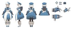 Rule 34 | 1girl, 723 chfhrqur, absurdres, apron, arms at sides, backpack, bag, blue dress, boots, character sheet, dress, from behind, from side, full body, grey hair, hat, high heel boots, high heels, highres, looking at viewer, multiple views, original, short hair, smile, solo, standing, white apron, white background, winter gloves, yellow eyes