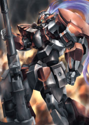 Rule 34 | arx-8 laevatein, clenched hand, explosion, from side, full metal panic!, green eyes, gun, highres, jellyman, joints, looking down, mecha, mecha focus, no humans, rifle, robot, robot joints, sniper rifle, solo, weapon, white hair