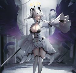 Rule 34 | 1girl, :o, absurdres, azur lane, bad id, bad pixiv id, black choker, black feathers, black wings, breasts, breasts apart, center opening, choker, city, cleavage, crown, dress, feathers, fingerless gloves, fleur-de-lis, framed breasts, garter straps, gloves, grey hair, highres, joffre (azur lane), kurohikage, large breasts, long hair, looking at viewer, outdoors, pink eyes, rudder footwear, solo, sword, thighhighs, weapon, white dress, white garter straps, white hair, white thighhighs, wings