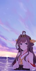 Rule 34 | 1girl, absurdres, ahoge, alakoala, brown hair, cloud, commentary request, dawn, detached sleeves, double bun, gradient sky, grey sky, hairband, headgear, highres, kantai collection, kongou (kancolle), long hair, looking at viewer, ocean, partially submerged, ribbon-trimmed sleeves, ribbon trim, scenery, sky, smile, solo, star (sky), water, waves